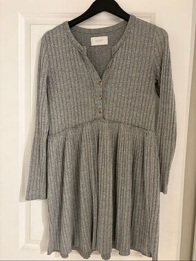 Lucky Brand Light Gray Ribbed Long Sleeve Button Babydoll Dress
